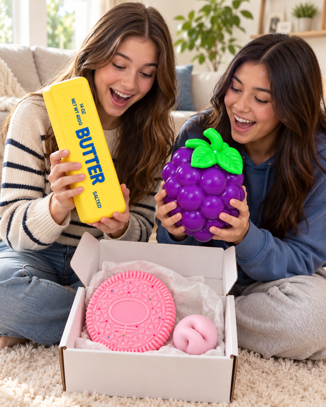A set of 4 large squishy toys — soft, sensory, stress-relief toys: a pink cookie, grapes, a mini sand-filled ball, a stick of butter, and a cute squishy figure