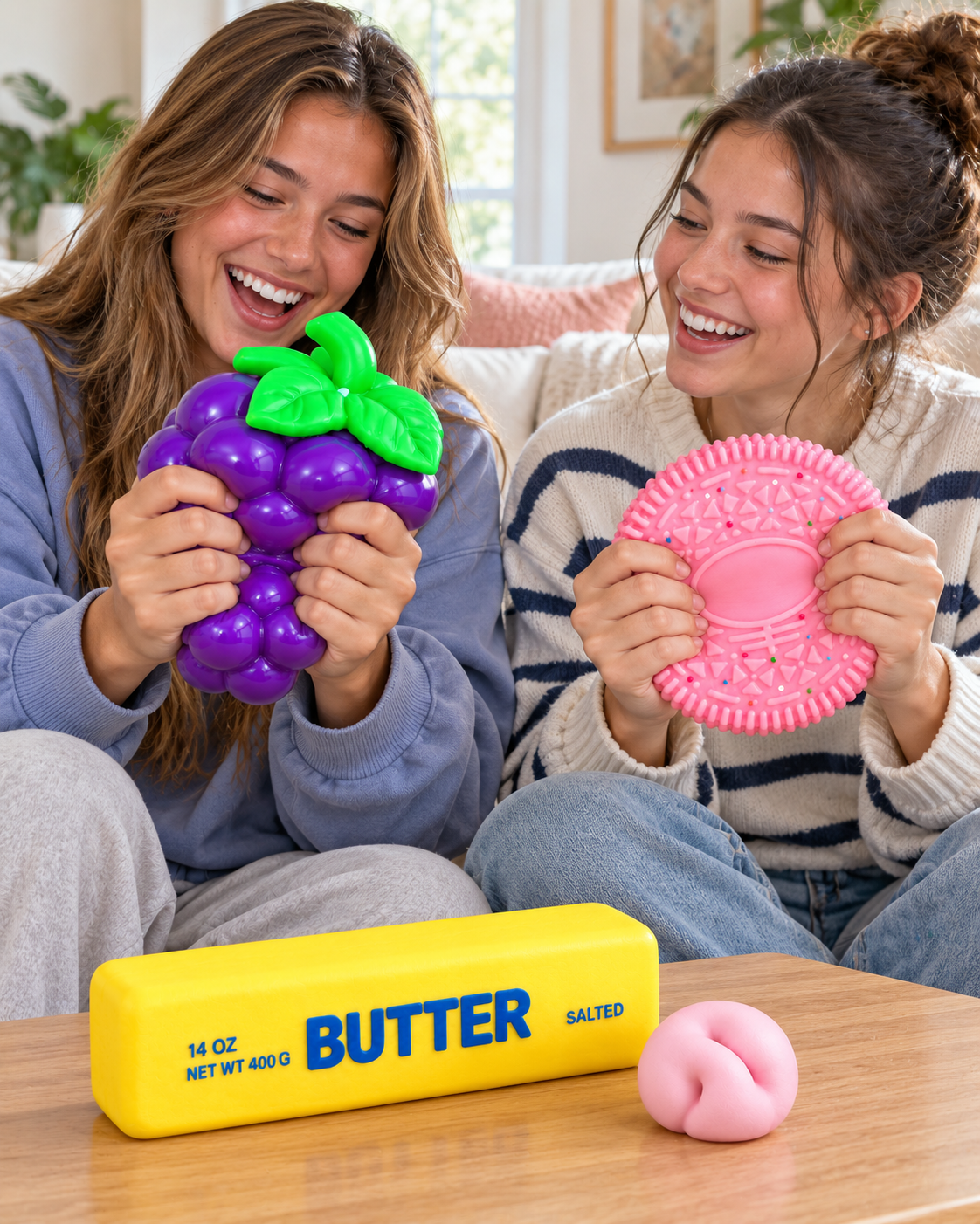 A set of 4 large squishy toys — soft, sensory, stress-relief toys: a pink cookie, grapes, a mini sand-filled ball, a stick of butter, and a cute squishy figure