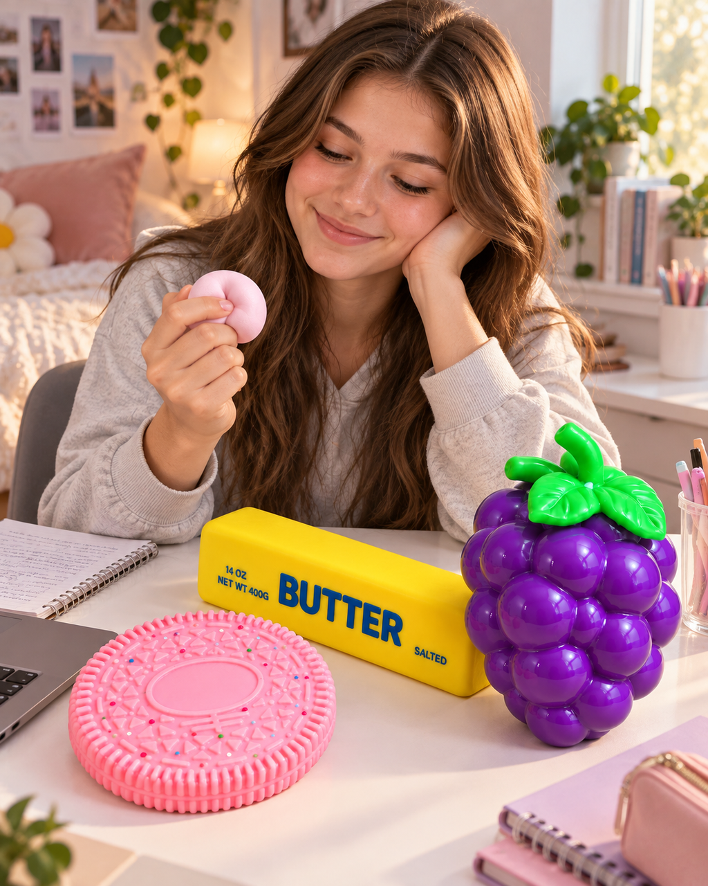 A set of 4 large squishy toys — soft, sensory, stress-relief toys: a pink cookie, grapes, a mini sand-filled ball, a stick of butter, and a cute squishy figure