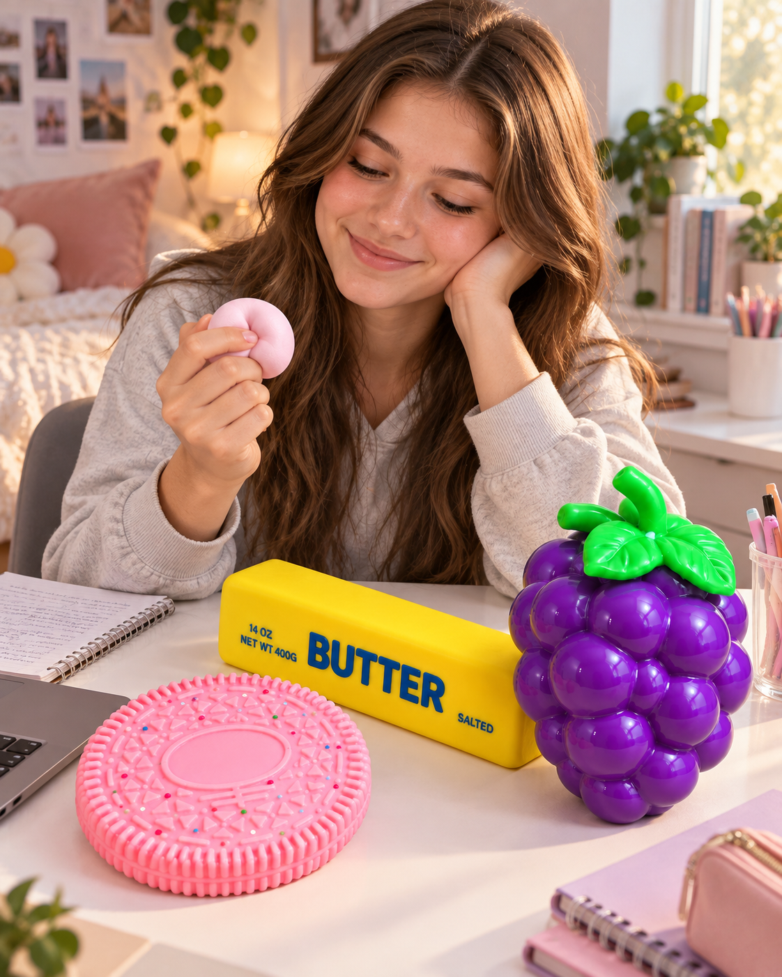 A set of 4 large squishy toys — soft, sensory, stress-relief toys: a pink cookie, grapes, a mini sand-filled ball, a stick of butter, and a cute squishy figure