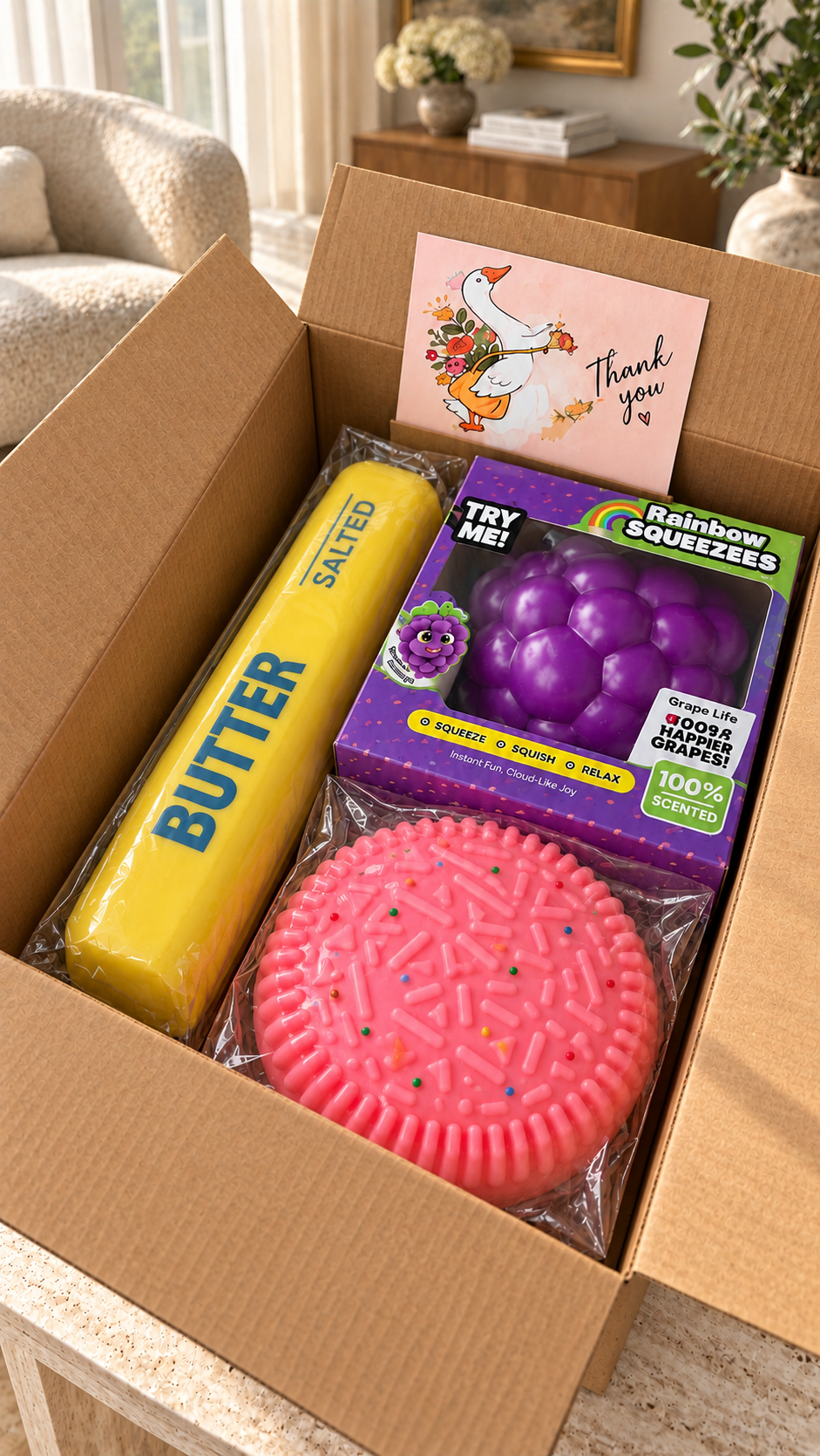 A set of 4 large squishy toys — soft, sensory, stress-relief toys: a pink cookie, grapes, a mini sand-filled ball, a stick of butter, and a cute squishy figure