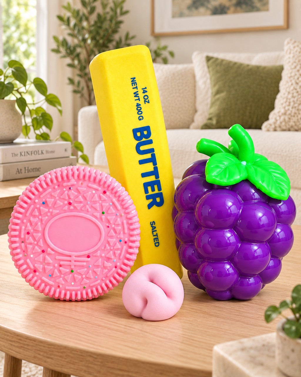 A set of 4 large squishy toys — soft, sensory, stress-relief toys: a pink cookie, grapes, a mini sand-filled ball, a stick of butter, and a cute squishy figure